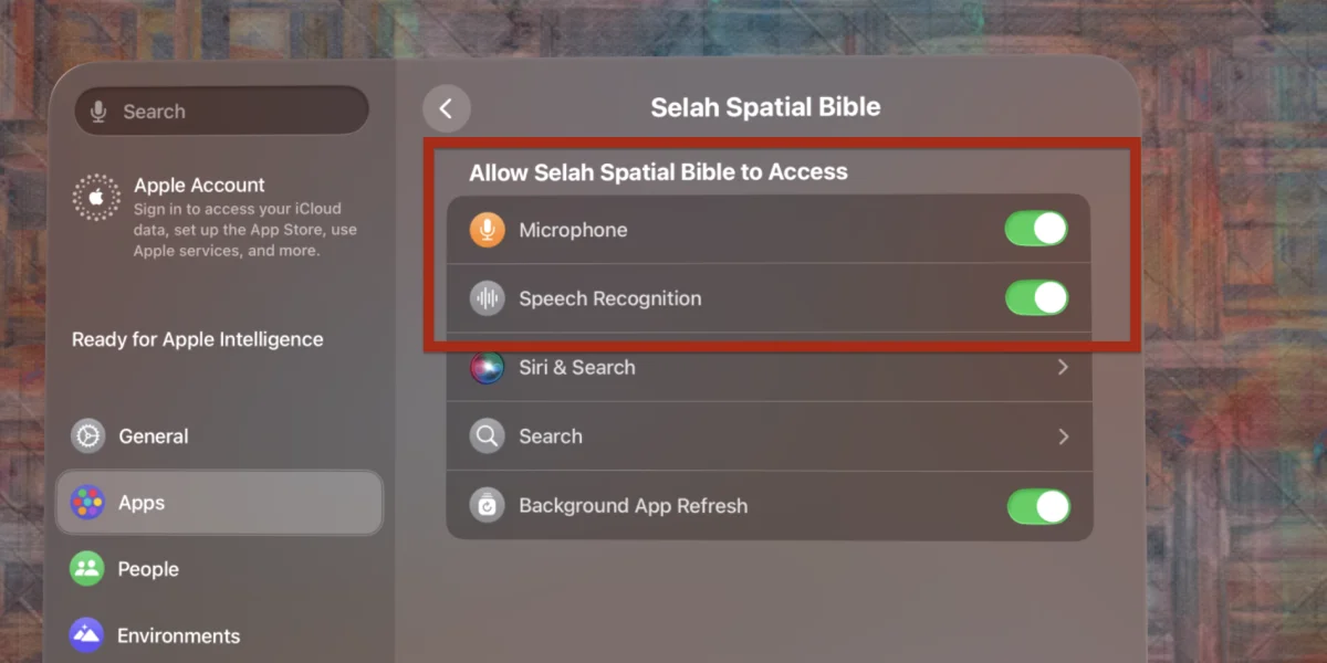 Vision Pro Settings showing Microphone and Speech Recognition enabled for Selah
