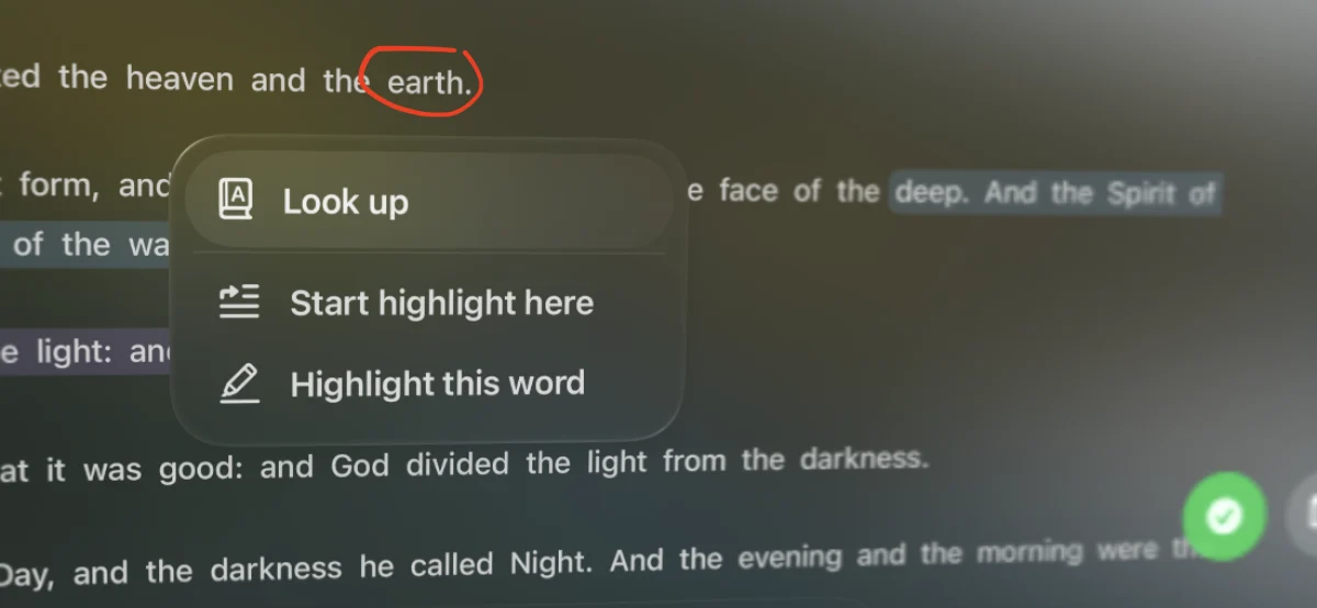 Word menu with options: Look up, Start highlight here, Highlight this word
