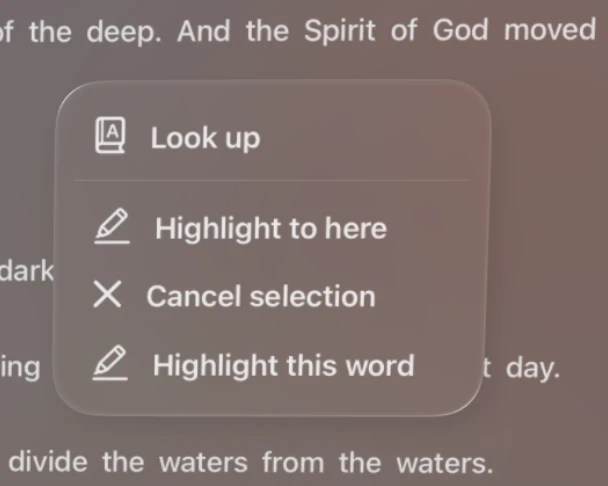 Word menu with options: Look up, Highlight to here, Cancel selection, Highlight this word